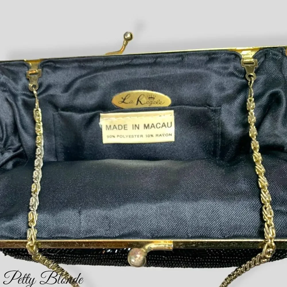 Elegant Black Beaded Clutch: Stunning Beadwork,‎ Dainty Strap, & Bronze Hardware